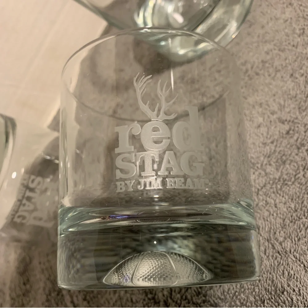 Vintage Red Stag By Jim Beam “Basketball Baseball Dimple” Rocks Glasses Set Of 3